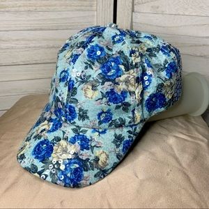 Blue Floral Sequin Embellished Trendy Fashion Baseball Hat